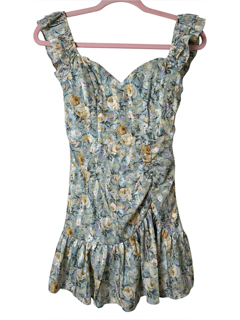 Hello Molly size 2 Floral Ruffle Mini Dress in Sage and Blue